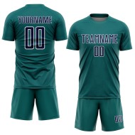 Custom Geometric Teal Jersey Navy-White Soccer Sports Shape Sublimation Uniform