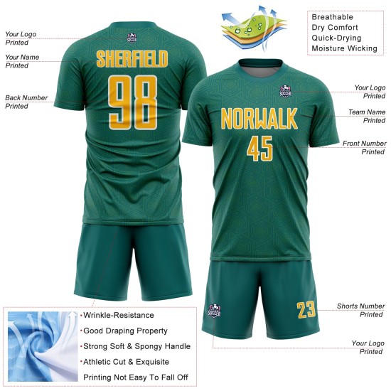 Jersey Teal Shape Custom Gold-White Geometric Soccer Sublimation Sports Uniform